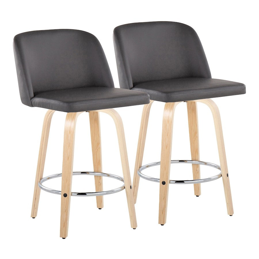 LumiSource Toriano 24in Counter Stool Set of 2 | Natural Wood & Grey PU with Chrome Footrest | Kitchen Island | Model B24-TRNOPU-GRTZR2NAGY2