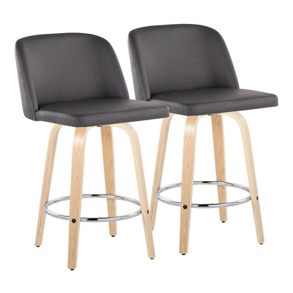 LumiSource Toriano 24in Counter Stool Set of 2 | Natural Wood & Grey PU with Chrome Footrest | Kitchen Island | Model B24-TRNOPU-GRTZR2NAGY2