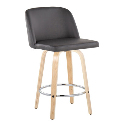 LumiSource Toriano 24in Counter Stool Set of 2 | Natural Wood & Grey PU with Chrome Footrest | Kitchen Island | Model B24-TRNOPU-GRTZR2NAGY2