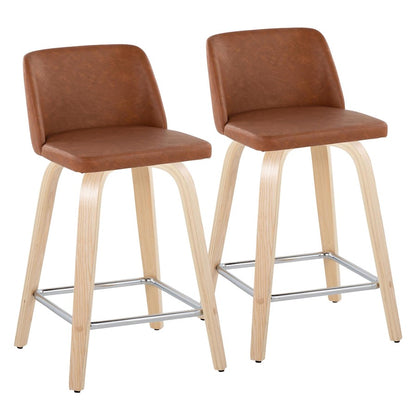 LumiSource Toriano 24in Counter Stool Set of 2 | Natural Wood, Camel PU, Chrome Metal | Kitchen Island & Breakfast | Model B24-TRNOPU-GRTZS2NACAM2