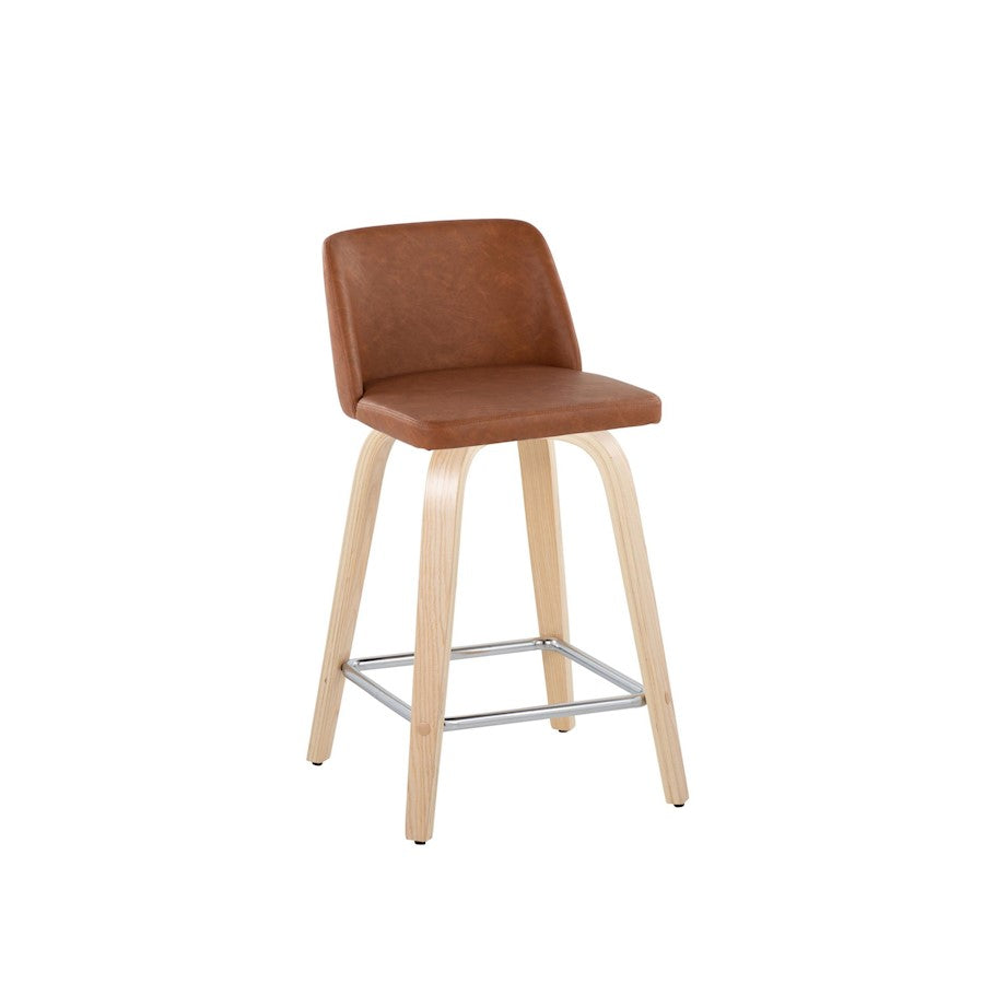 LumiSource Toriano 24in Counter Stool Set of 2 | Natural Wood, Camel PU, Chrome Metal | Kitchen Island & Breakfast | Model B24-TRNOPU-GRTZS2NACAM2