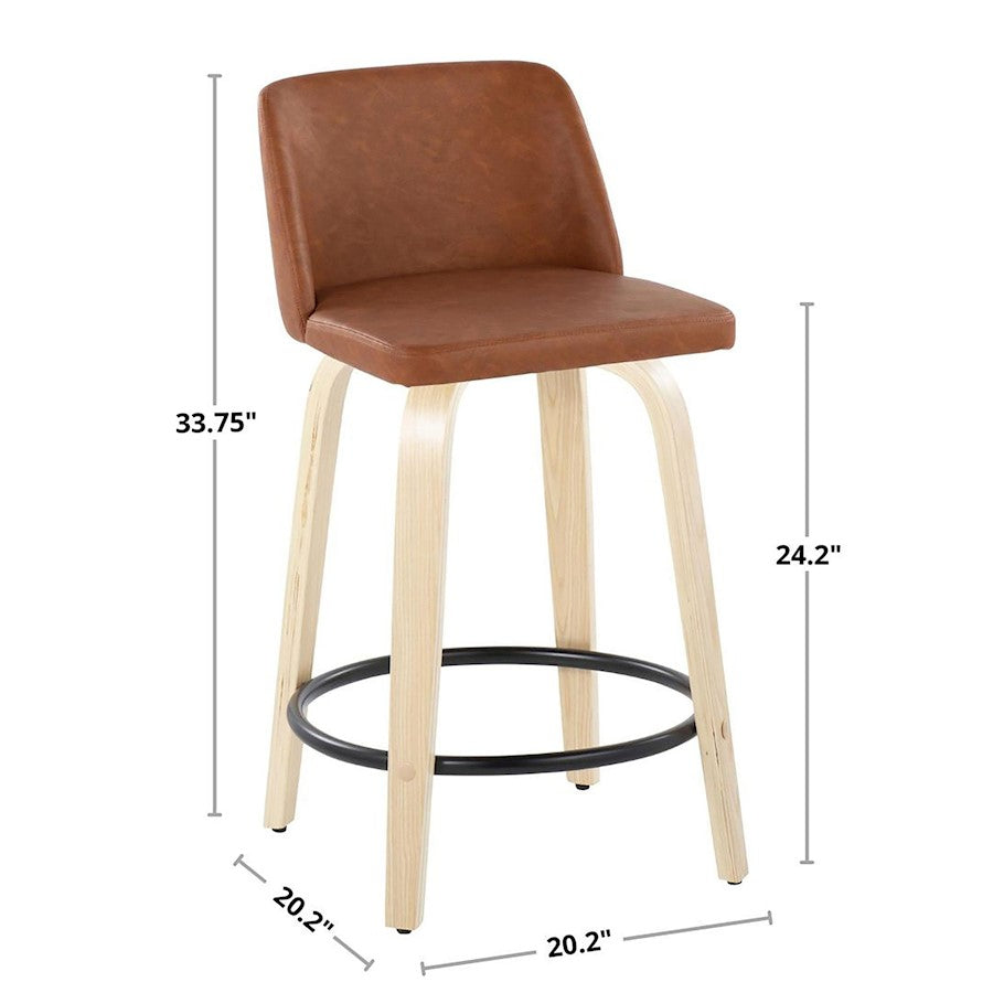 LumiSource Toriano 24in Counter Stool Set of 2 | Natural Wood, Camel PU, Chrome Metal | Kitchen Island & Breakfast | Model B24-TRNOPU-GRTZS2NACAM2