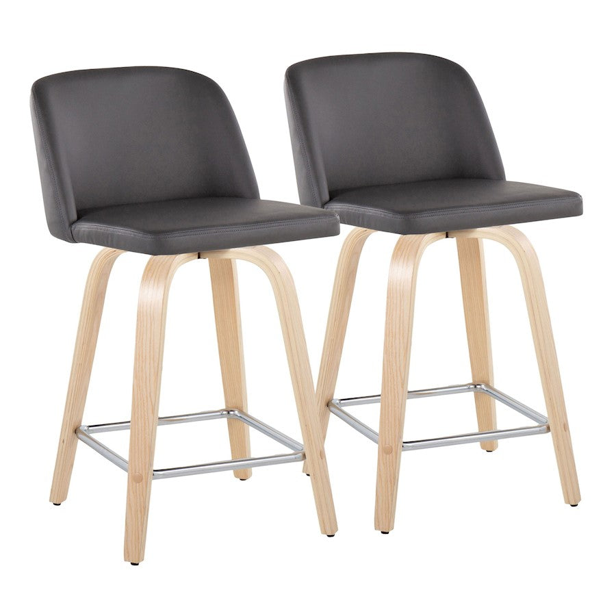 LumiSource Toriano 24in Counter Stool Set of 2 | Natural Wood, Grey PU, Chrome Metal | Kitchen Island & Breakfast Bar | Model B24-TRNOPU-GRTZS2NAGY2