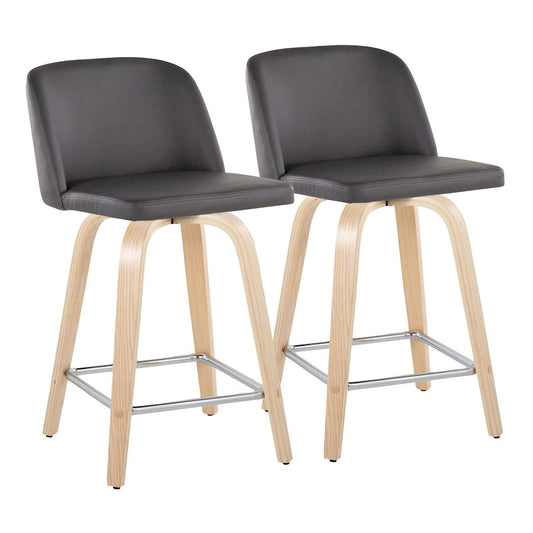 LumiSource Toriano 24in Counter Stool Set of 2 | Natural Wood, Grey PU, Chrome Metal | Kitchen Island & Breakfast Bar | Model B24-TRNOPU-GRTZS2NAGY2