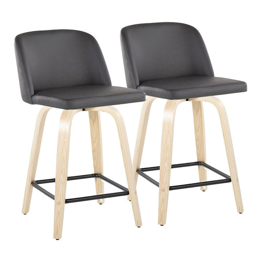 LumiSource Toriano 24in Counter Stool Set of 2 | Natural Wood, Grey PU, Black Metal | Kitchen Island & Breakfast Bar | Model B24-TRNOPU-GRTZX2NAGY2
