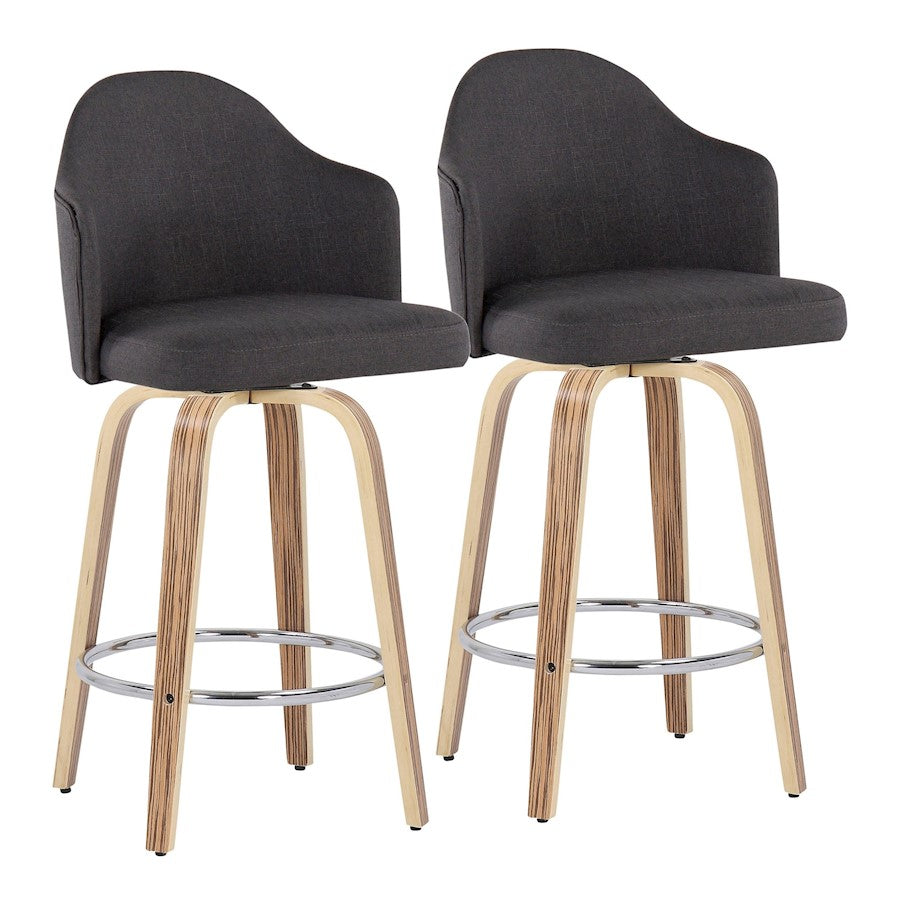 LumiSource Ahoy 26in Counter Stool Set of 2 | Mid-Century Zebra Wood & Charcoal Fabric | Kitchen Island & Breakfast | Model B26-AHOYUPGRT-R2ZBCHAR2