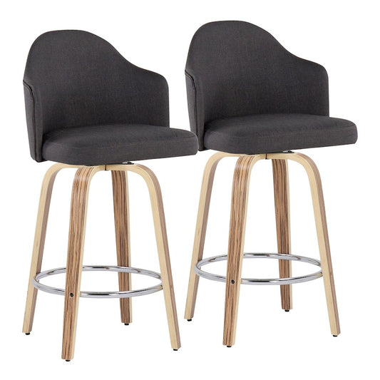 LumiSource Ahoy 26in Counter Stool Set of 2 | Mid-Century Zebra Wood & Charcoal Fabric | Kitchen Island & Breakfast | Model B26-AHOYUPGRT-R2ZBCHAR2