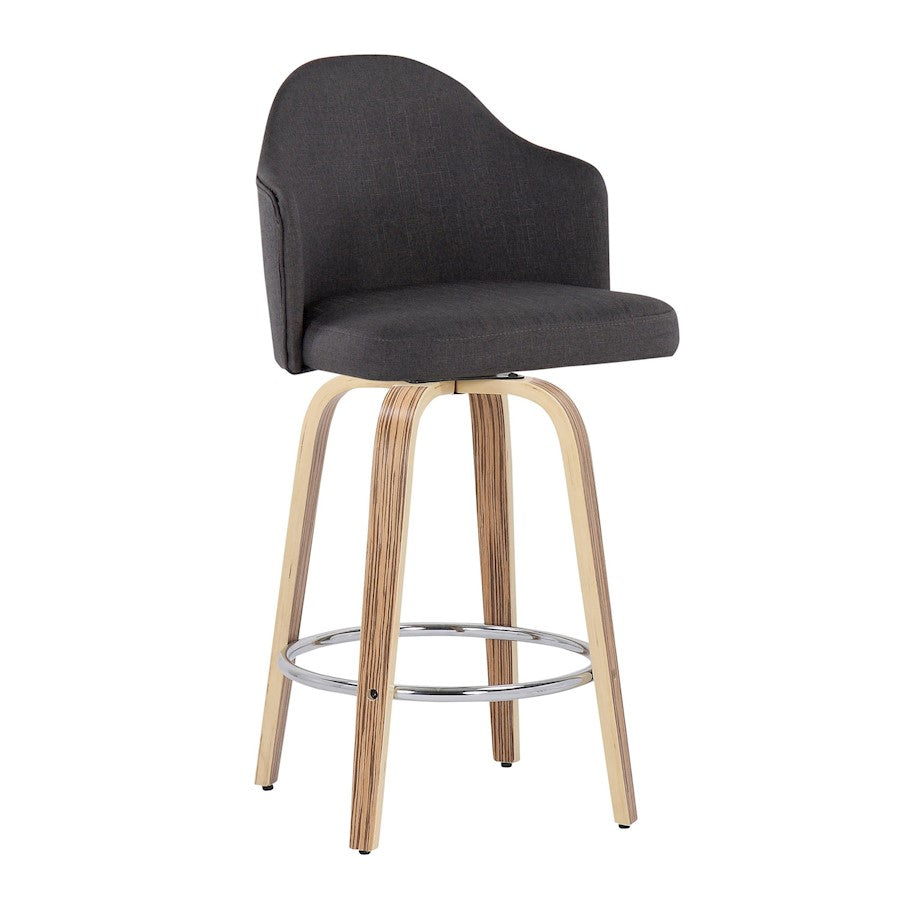 LumiSource Ahoy 26in Counter Stool Set of 2 | Mid-Century Zebra Wood & Charcoal Fabric | Kitchen Island & Breakfast | Model B26-AHOYUPGRT-R2ZBCHAR2