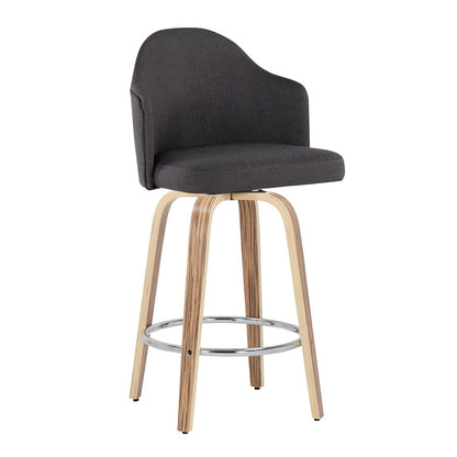 LumiSource Ahoy 26in Counter Stool Set of 2 | Mid-Century Zebra Wood & Charcoal Fabric | Kitchen Island & Breakfast | Model B26-AHOYUPGRT-R2ZBCHAR2