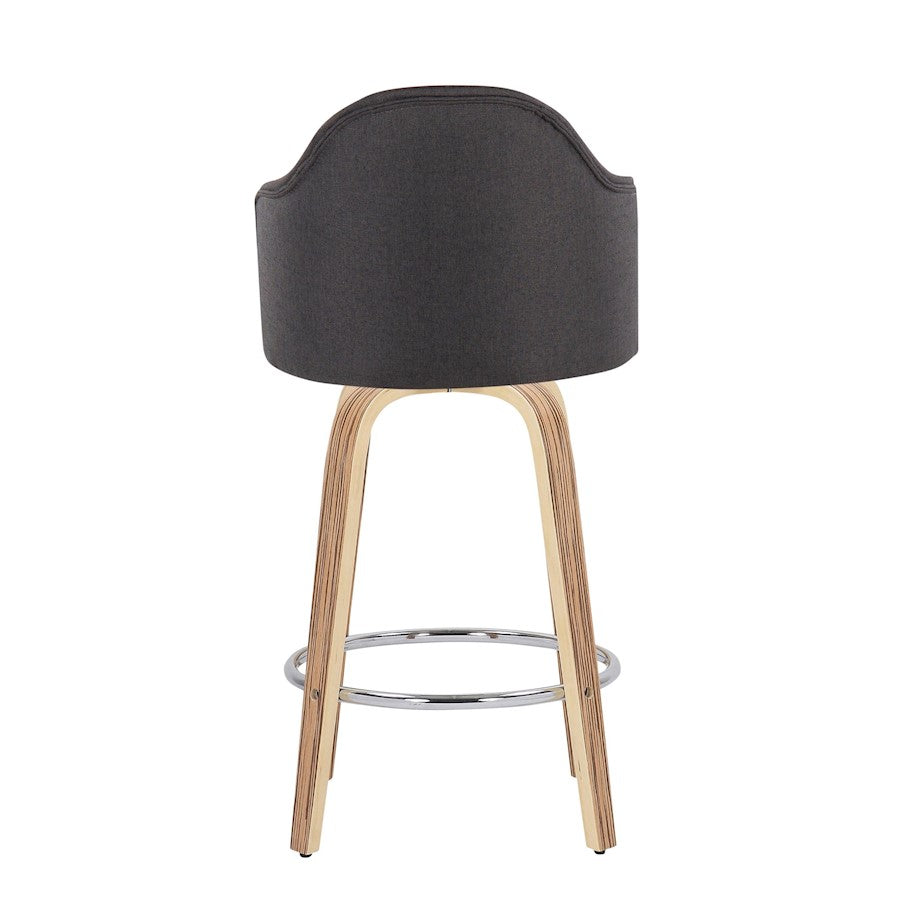 LumiSource Ahoy 26in Counter Stool Set of 2 | Mid-Century Zebra Wood & Charcoal Fabric | Kitchen Island & Breakfast | Model B26-AHOYUPGRT-R2ZBCHAR2