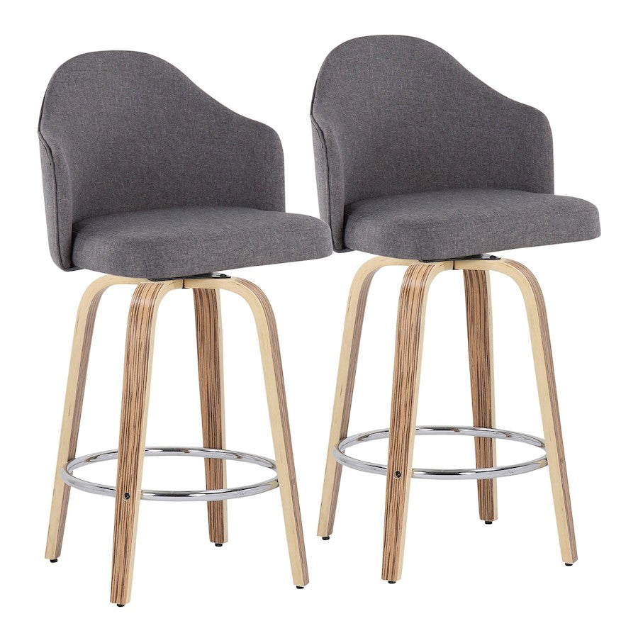 LumiSource Ahoy 26in Counter Stool Set of 2 | Mid-Century Zebra Wood & Grey Fabric | Kitchen Island & Breakfast Bar | Model B26-AHOYUPGRT-R2ZBGY2