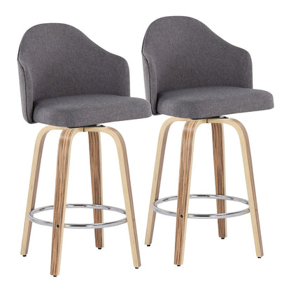 LumiSource Ahoy 26in Counter Stool Set of 2 | Mid-Century Zebra Wood & Grey Fabric | Kitchen Island & Breakfast Bar | Model B26-AHOYUPGRT-R2ZBGY2