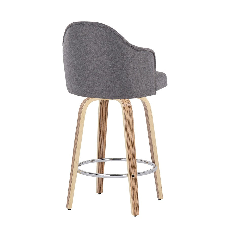LumiSource Ahoy 26in Counter Stool Set of 2 | Mid-Century Zebra Wood & Grey Fabric | Kitchen Island & Breakfast Bar | Model B26-AHOYUPGRT-R2ZBGY2