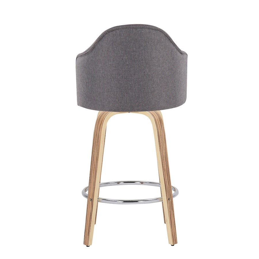 LumiSource Ahoy 26in Counter Stool Set of 2 | Mid-Century Zebra Wood & Grey Fabric | Kitchen Island & Breakfast Bar | Model B26-AHOYUPGRT-R2ZBGY2