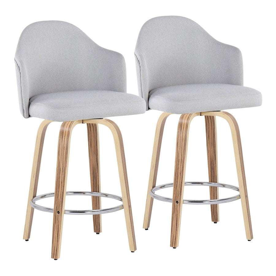 LumiSource Ahoy 26in Counter Stool Set of 2 | Mid-Century Zebra Wood & Light Grey Fabric | Kitchen Island & Breakfast | Model B26-AHOYUPGRT-R2ZBLGY2