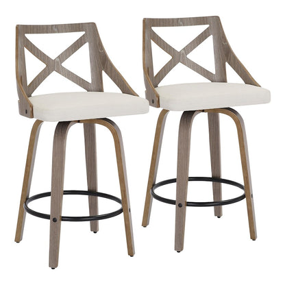 LumiSource Charlotte 19in Counter Stool Set/2 | Farmhouse Grey Wood & Cream Fabric Swivel | Kitchen Island & Dining Bar | Model B26-CHARLOTLGYCR2