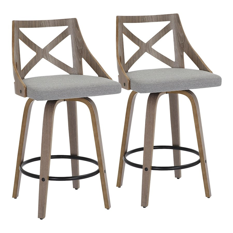 LumiSource Charlotte 19in Counter Stool Set/2 | Farmhouse Grey Wood & Grey Fabric Swivel | Kitchen Island & Dining Bar | Model B26-CHARLOTLGYGY2