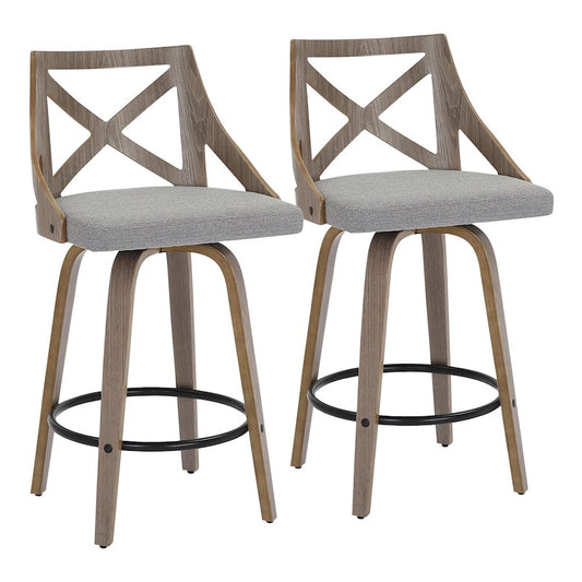 LumiSource Charlotte 19in Counter Stool Set/2 | Farmhouse Grey Wood & Grey Fabric Swivel | Kitchen Island & Dining Bar | Model B26-CHARLOTLGYGY2
