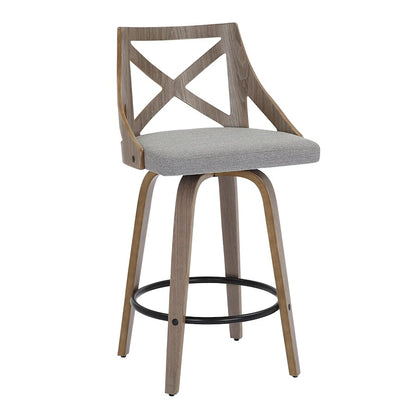 LumiSource Charlotte 19in Counter Stool Set/2 | Farmhouse Grey Wood & Grey Fabric Swivel | Kitchen Island & Dining Bar | Model B26-CHARLOTLGYGY2