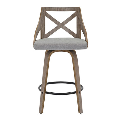 LumiSource Charlotte 19in Counter Stool Set/2 | Farmhouse Grey Wood & Grey Fabric Swivel | Kitchen Island & Dining Bar | Model B26-CHARLOTLGYGY2