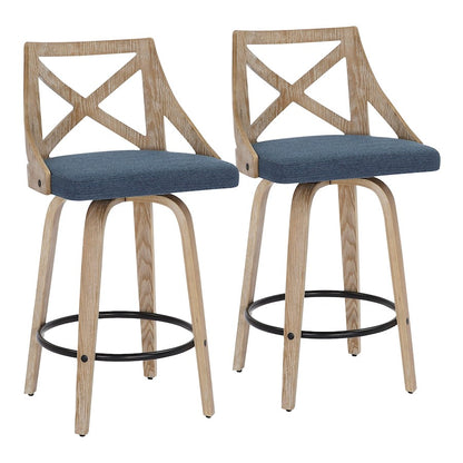 LumiSource Charlotte 19in Counter Stool Set/2 | Farmhouse Whitewashed Wood & Blue Fabric Swivel | Kitchen Island & Dining | Model B26-CHARLOTWWBU2