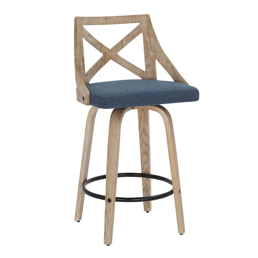 LumiSource Charlotte 19in Counter Stool Set/2 | Farmhouse Whitewashed Wood & Blue Fabric Swivel | Kitchen Island & Dining | Model B26-CHARLOTWWBU2