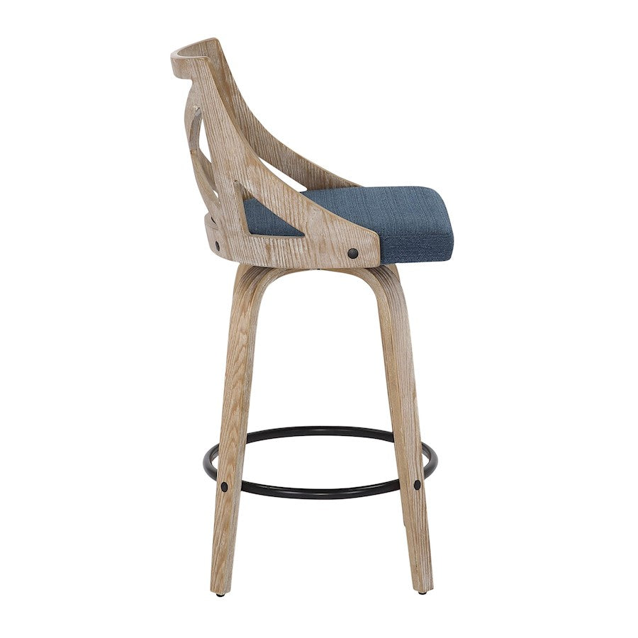 LumiSource Charlotte 19in Counter Stool Set/2 | Farmhouse Whitewashed Wood & Blue Fabric Swivel | Kitchen Island & Dining | Model B26-CHARLOTWWBU2