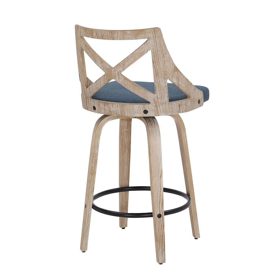 LumiSource Charlotte 19in Counter Stool Set/2 | Farmhouse Whitewashed Wood & Blue Fabric Swivel | Kitchen Island & Dining | Model B26-CHARLOTWWBU2