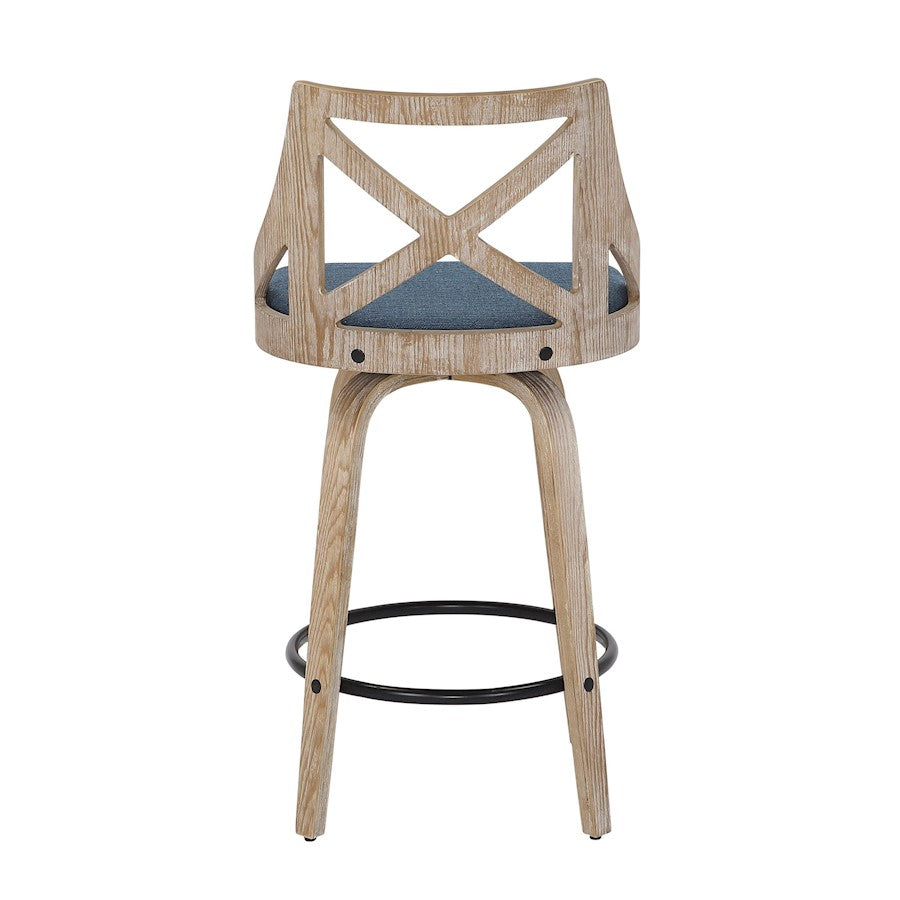 LumiSource Charlotte 19in Counter Stool Set/2 | Farmhouse Whitewashed Wood & Blue Fabric Swivel | Kitchen Island & Dining | Model B26-CHARLOTWWBU2