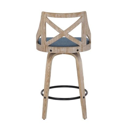 LumiSource Charlotte 19in Counter Stool Set/2 | Farmhouse Whitewashed Wood & Blue Fabric Swivel | Kitchen Island & Dining | Model B26-CHARLOTWWBU2