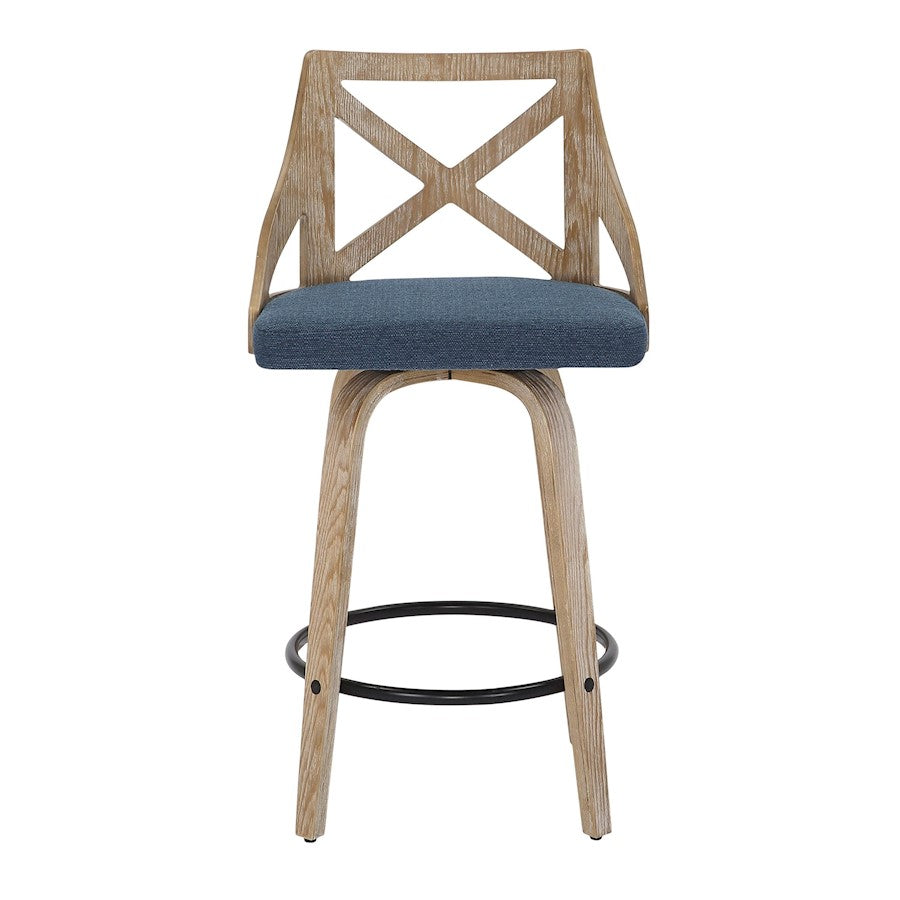 LumiSource Charlotte 19in Counter Stool Set/2 | Farmhouse Whitewashed Wood & Blue Fabric Swivel | Kitchen Island & Dining | Model B26-CHARLOTWWBU2