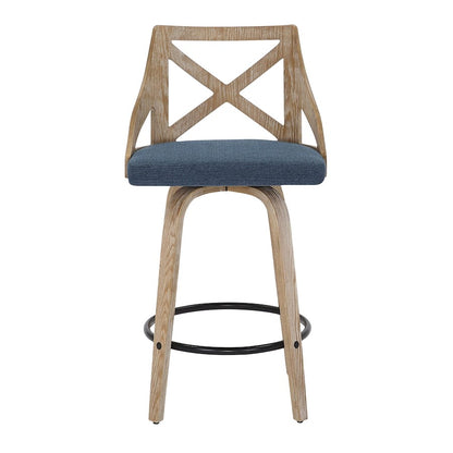 LumiSource Charlotte 19in Counter Stool Set/2 | Farmhouse Whitewashed Wood & Blue Fabric Swivel | Kitchen Island & Dining | Model B26-CHARLOTWWBU2