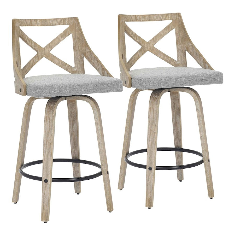 LumiSource Charlotte 19in Counter Stool Set of 2 | White Washed Wood & Light Grey Fabric | Kitchen Island & Dining Room | Model B26-CHARLOTWWLGY2