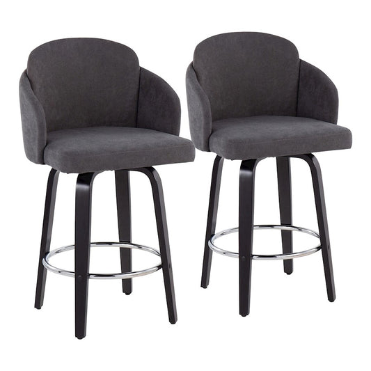 LumiSource Dahlia 25in Counter Stool Set of 2 | Contemporary Black Wood, Grey Fabric, Chrome | Kitchen Island & Breakfast | Model B26-DAHLIA-R2BKGY2