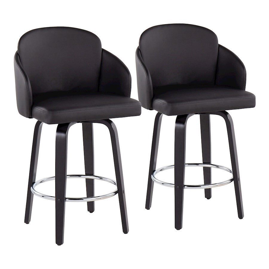 LumiSource Dahlia 25in Counter Stool Set of 2 | Contemporary Black Wood, Black PU, Chrome | Kitchen Island & Breakfast | Model B26-DAHLIA-R2BKPUBK2