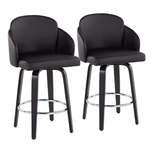 LumiSource Dahlia 25in Counter Stool Set of 2 | Contemporary Black Wood, Black PU, Chrome | Kitchen Island & Breakfast | Model B26-DAHLIA-R2BKPUBK2