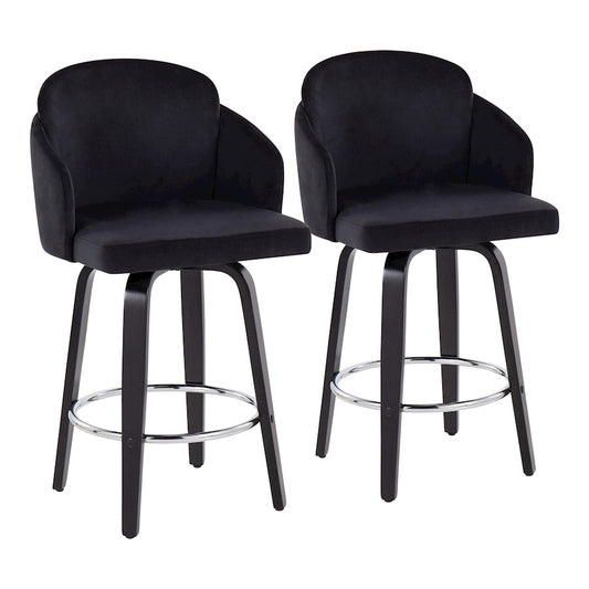 LumiSource Dahlia 25in Counter Stool Set of 2 | Contemporary Black Wood, Black Velvet, Chrome & Gold | Kitchen Island | Model B26-DAHLIA-R2BKVBK2