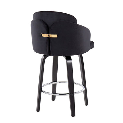 LumiSource Dahlia 25in Counter Stool Set of 2 | Contemporary Black Wood, Black Velvet, Chrome & Gold | Kitchen Island | Model B26-DAHLIA-R2BKVBK2