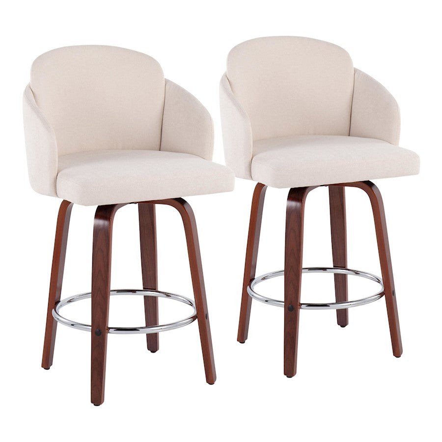 LumiSource Dahlia 25in Counter Stool Set/2 | Walnut Wood Cream Fabric Chrome | Kitchen Island & Bar Seating | Model B26-DAHLIA-R2WLCR2