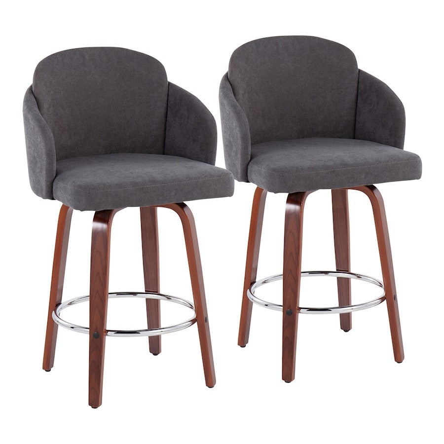 LumiSource Dahlia 25in Counter Stool Set/2 | Walnut Wood Grey Fabric Chrome | Kitchen Island & Bar Seating | Model B26-DAHLIA-R2WLGY2