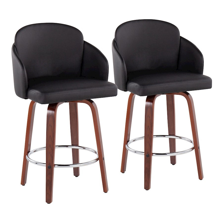 LumiSource Dahlia 25in Counter Stool Set/2 | Walnut Wood Black PU Chrome | Kitchen Island & Bar Seating | 20 x 20 x 37 in | Model B26-DAHLIA-R2WLPUBK2