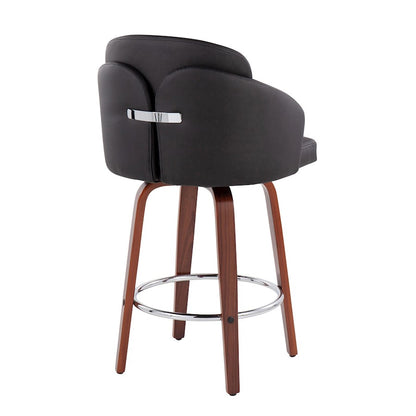 LumiSource Dahlia 25in Counter Stool Set/2 | Walnut Wood Black PU Chrome | Kitchen Island & Bar Seating | 20 x 20 x 37 in | Model B26-DAHLIA-R2WLPUBK2