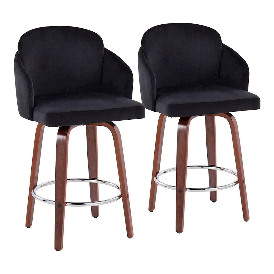 LumiSource Dahlia Counter Stool Set of 2 | Walnut Wood, Black Velvet, Chrome & Gold Metal | Kitchen Island & Dining Room | Model B26-DAHLIA-R2WLVBK2