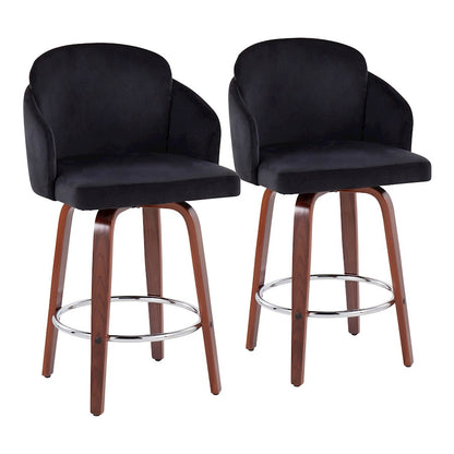 LumiSource Dahlia Counter Stool Set of 2 | Walnut Wood, Black Velvet, Chrome & Gold Metal | Kitchen Island & Dining Room | Model B26-DAHLIA-R2WLVBK2