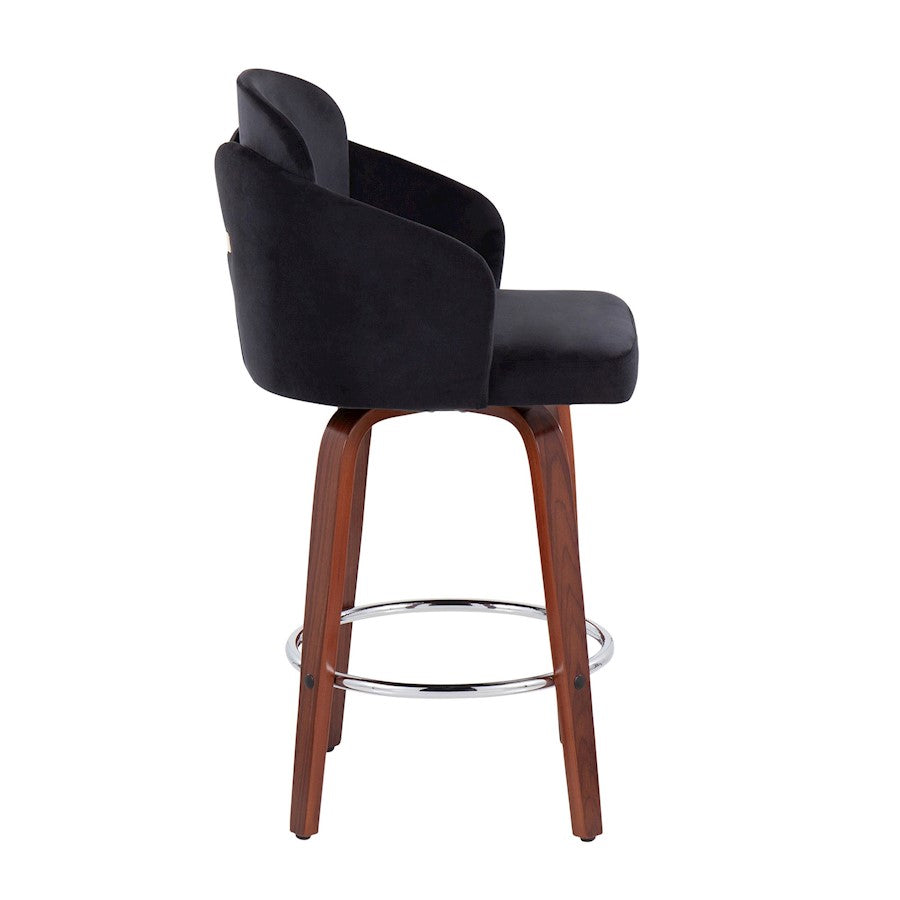 LumiSource Dahlia Counter Stool Set of 2 | Walnut Wood, Black Velvet, Chrome & Gold Metal | Kitchen Island & Dining Room | Model B26-DAHLIA-R2WLVBK2