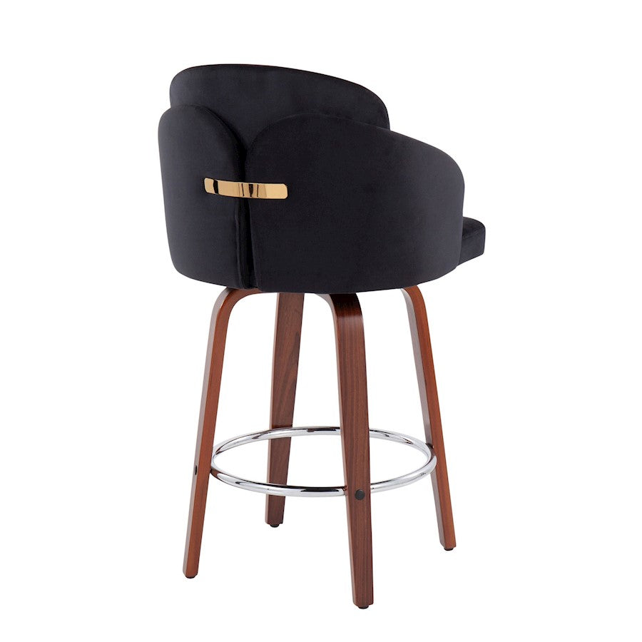 LumiSource Dahlia Counter Stool Set of 2 | Walnut Wood, Black Velvet, Chrome & Gold Metal | Kitchen Island & Dining Room | Model B26-DAHLIA-R2WLVBK2