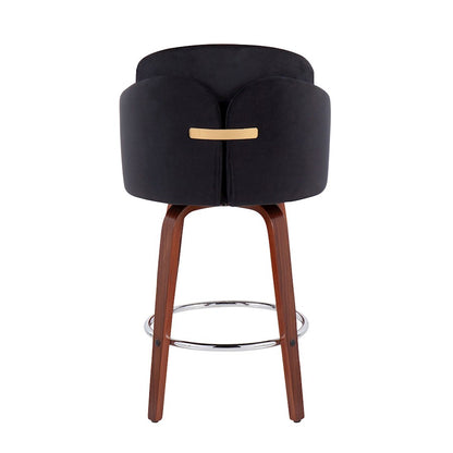 LumiSource Dahlia Counter Stool Set of 2 | Walnut Wood, Black Velvet, Chrome & Gold Metal | Kitchen Island & Dining Room | Model B26-DAHLIA-R2WLVBK2
