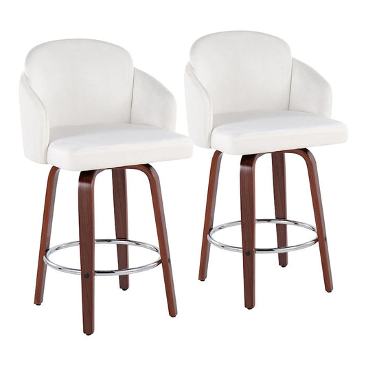 LumiSource Dahlia Counter Stool Set of 2 | Walnut Wood, Cream Velvet, Chrome & Gold Metal | Kitchen Island & Dining Room | Model B26-DAHLIA-R2WLVCR2