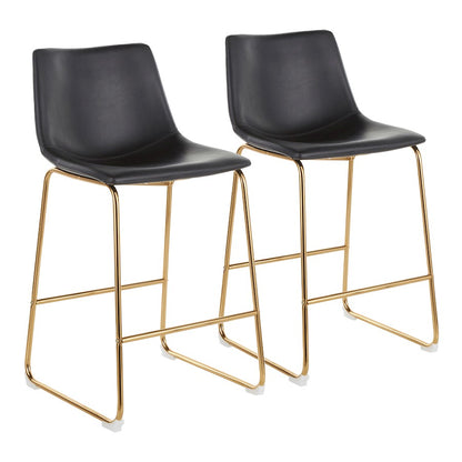 LumiSource Duke Counter Stool Set of 2 | Gold Metal and Black PU Faux Leather | Kitchen Island & Dining Room Seating | Model B26-DUKEAUBK2
