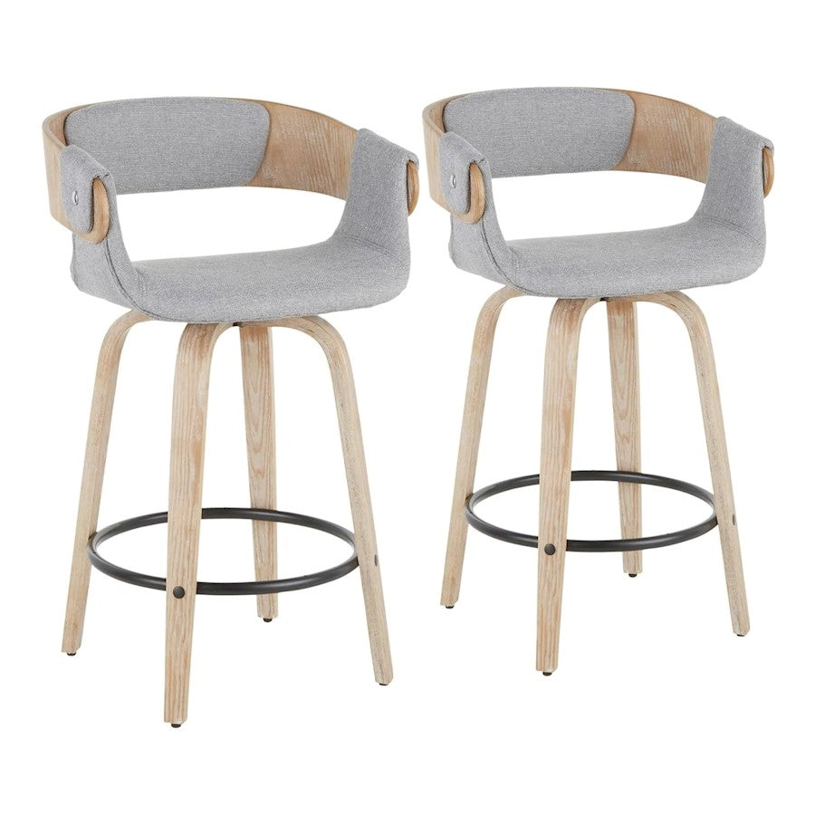 LumiSource Elisa Counter Stool Set of 2 | White Washed Wood, Black Metal, Grey Fabric | Mid-Century Modern Kitchen & Bar | Model B26-ELISA2-SWVRWWGY2